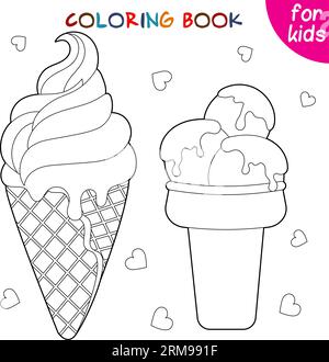 Ice cream in a waffle cone and three scoops of ice cream in a glass. Ice cream collection. Relaxation coloring template. Editable vector illustration. Stock Vektor
