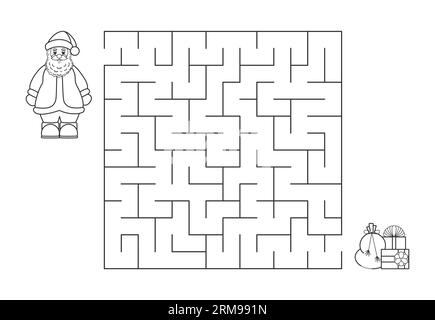 Vektorillustration. Weihnachtslabyrinth für Kinder. Hilf dem Weihnachtsmann, den Weg zu den Geschenken zu finden Stock Vektor