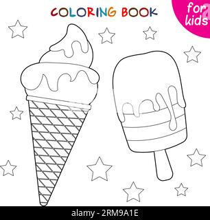 Eis in einem Kegel und Eiszapfen. Eiscreme-Kollektion. Vorlage zur Entspannungsfärbung. Editierbare Vektorillustration. Stock Vektor