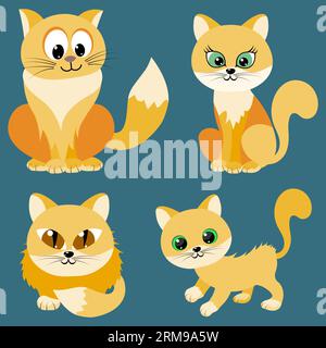 Rote Katzen, Set. Vektorillustration auf blauem Hintergrund. Stock Vektor