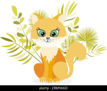 cat with green eyes sits near plants and tulips. Vector illustration isolated on white background. Stock Vektor