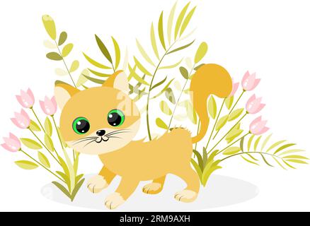Rotes Kätzchen geht in der Nähe von Pflanzen und Tulpen spazieren. Vektorillustration isoliert auf weißem Hintergrund. Stock Vektor