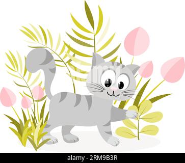 Gestreifte Kätzchen spielen in der Nähe von Pflanzen und Tulpen. Vektorillustration isoliert auf weißem Hintergrund. Stock Vektor