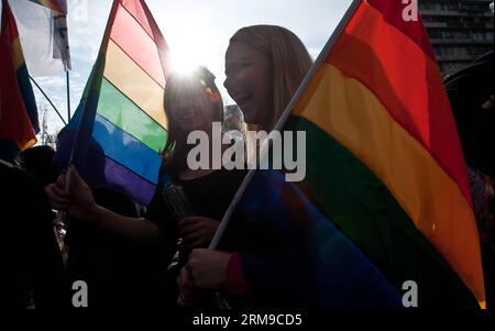 Die Menschen nehmen an einem marsch zum Internationalen Tag gegen Homophobie und Transphobie in Santiago, der Hauptstadt Chiles, am 17. Mai 2014 Teil. Der marsch wurde von der homosexuellen Integration and Liberation Movement organisiert, um die Vielfalt zu unterstützen. (Xinhua/Jorge Villegas) CHILE-SANTIAGO-ANTI-HOMOPHOBIE, ANTI-TRANSPHOBIE MÄRZ PUBLICATIONxNOTxINxCHN Prominente nehmen an einem März Teil, der den Internationalen Tag gegen Homophobie und TRANSPHOBIE in Santiago Hauptstadt von Chile AM 17. Mai 2014 den von der Bewegung für homosexuelle Integration und Befreiung organisierten Marsch zur Unterstützung der Vielfalt XINHUA Jo markiert Stockfoto