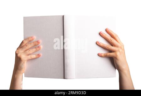 Hände halten offen Spreadbook Mock up, leere Hardcover, Hardcover Mockup isoliert auf weißem Hintergrund. Stockfoto