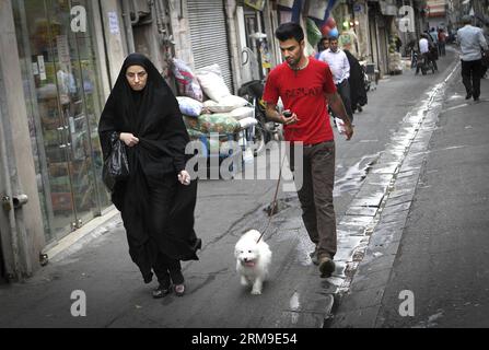 (140520) -- TEHERAN, 20. Mai 2014 (Xinhua) -- Eine Frau mit Tschador geht auf einer Straße in Teheran, der Hauptstadt des Iran, 19. Mai 2014. Chador ist eine Art formaler Hijab für viele Frauen im Iran an öffentlichen Orten. Hijab, eine Berichterstattung über Haare und Körper für Frauen, wurde nach der islamischen Revolution im Iran im Jahr 1979 in der Öffentlichkeit vorgeschrieben. (Xinhua/Ahmad Halabisaz)(zhf) IRAN-TEHERAN-WOMEN-HIJAB PUBLICATIONxNOTxINxCHN TEHERAN 20. Mai 2014 XINHUA eine Frau, die Chador trägt, geht AUF einer Straße in TEHERAN Hauptstadt des Iran 19. Mai 2014 Chador IST ein Kind des formellen Hijab für VIELE Frauen im Iran an öffentlichen Plätzen Hijab A Coverage of Stockfoto