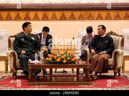 (140520) -- NAY PYI TAW, 20. Mai 2014 (Xinhua) -- U Shwe Mann (R, Front), Sprecher des Parlaments der Union und des Repräsentantenhauses Myanmars, trifft sich mit dem chinesischen Staatsrat und Verteidigungsminister Chang Wanquan (L, Front) am 20. Mai 2014 in Nay Pyi Taw, Myanmar. (Xinhua/U Aung) MYANMAR-NAY PYI TAW-CHINA-CHANG WANQUAN-VISIT PUBLICATIONxNOTxINxCHN Nay Pyi Taw 20. Mai 2014 XINHUA U Shwe man r Front Speaker des Parlaments der Union und des Repräsentantenhauses Myanmars trifft sich mit den chinesischen Staatsräten und Verteidigungsministern Chang Wanquan i Taw in Mya Nay Stockfoto