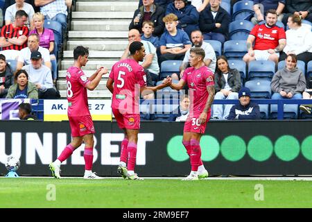 Deepdale Stadium, Preston, England - 26th August 2023 Harrison Ashby (30) of Swansea City celebrates with team mates after scoring the 1st goal - during the game Preston NE v Swansea City, EFL Championship, 2023/24, Deepdale Stadium, Preston, England - 26th August 2023  Credit: Arthur Haigh/WhiteRosePhotos/Alamy Live News Stock Photo