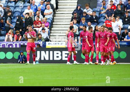 Deepdale Stadium, Preston, England - 26th August 2023 Harrison Ashby (30) of Swansea City celebrates with team mates after scoring the 1st goal - during the game Preston NE v Swansea City, EFL Championship, 2023/24, Deepdale Stadium, Preston, England - 26th August 2023  Credit: Arthur Haigh/WhiteRosePhotos/Alamy Live News Stock Photo