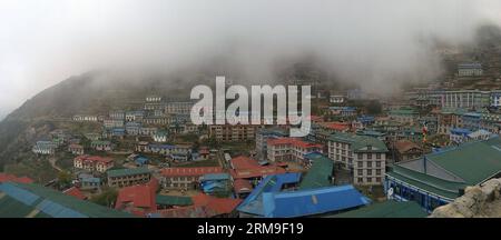 (140521) -- SOLUKHUMBU,   -- Photo taken on May 20, 2014 shows the view of Namche Bazar in Solukhumbu, Nepal. Namche Bazar is the main trading center and tourist hub for the Khumbu region and gateway to Mount Qomolangma. (Xinhua/Sunil Sharma) NEPAL-SOLUKHUMBU-NAMCHE BAZAAR-TOURISM PUBLICATIONxNOTxINxCHN   Solukhumbu Photo Taken ON May 20 2014 Shows The View of Namche Bazar in Solukhumbu Nepal Namche Bazar IS The Main Trading Center and Tourist Hub for The Khumbu Region and Gateway to Mount Qomolangma XINHUA Sunil Sharma Nepal Solukhumbu Namche Bazaar Tourism PUBLICATIONxNOTxINxCHN Stock Photo