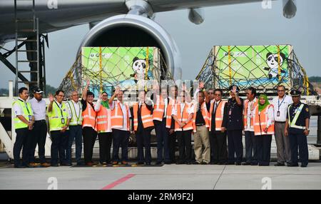 (140521) -- KUALA LUMPUR, May 21, 2014 (Xinhua) -- Malaysian Natural Resources and Environment Minister G. Palanivel (9th L) and Chinese Ambassador to Malaysia Huang Huikang (8th L) welcome the two giant pandas from China at Kuala Lumpur International Airport, in Malaysia, May 21, 2014. A pair of giant pandas from China arrived here Wednesday morning on a 10-year loan, coinciding with the celebration of the 40th anniversary of the establishment of diplomatic relations between China and Malaysia. (Xinhua/Chong Voon Chung)(axy) MALAYSIA-KUALA LUMPUR-CHINESE GIANT PANDA-ARRIVAL PUBLICATIONxNOTxIN Stock Photo