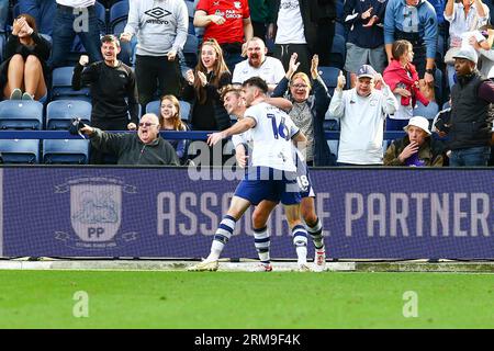 Deepdale Stadium, Preston, England - 26th August 2023 Andrew Hughes (16) of Preston North End celebrates with Ryan Ledson (18) after he scored the equalising goal - during the game Preston NE v Swansea City, EFL Championship, 2023/24, Deepdale Stadium, Preston, England - 26th August 2023  Credit: Arthur Haigh/WhiteRosePhotos/Alamy Live News Stock Photo