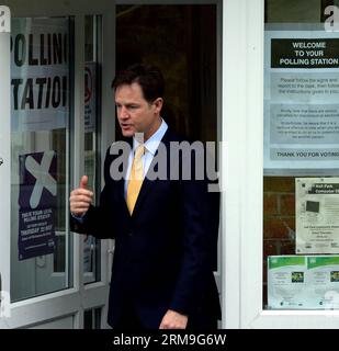 (140522) -- LONDON, May 22, 2014 (Xinhua) -- British Deputy Prime Minister Nick Clegg leaves a polling station in Sheffield, Britain, on May 22, 2014. The European parliament elections opened on Thursday. (Xinhua) (cy) BRITAIN-EUROPEAN PARLIAMENT-ELECTIONS PUBLICATIONxNOTxINxCHN   London May 22 2014 XINHUA British Deputy Prime Ministers Nick Clegg Leaves a Polling Station in Sheffield Britain ON May 22 2014 The European Parliament Elections opened ON Thursday XINHUA Cy Britain European Parliament Elections PUBLICATIONxNOTxINxCHN Stock Photo