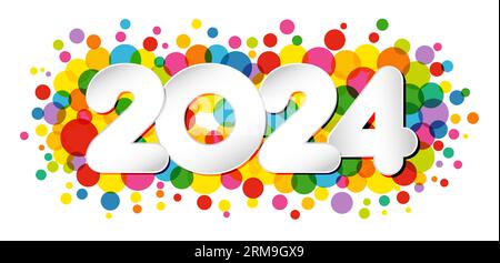 Ein Happy New Year 2024 horizontales Banner. Dekoratives Konzept. Grußkartendesign. Kreatives, farbenfrohes Symbol, modernes weißes Papier Nummer 20 24. Weiß bg. Stock Vektor