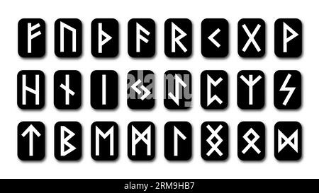 Eine Reihe von skandinavischen Altnordischen Runen. Runenalphabet, Futhark. Antike okkulte Symbole, wikingerbuchstaben auf weiß, Runenschrift. Vektorillustration mit li Stock Vektor