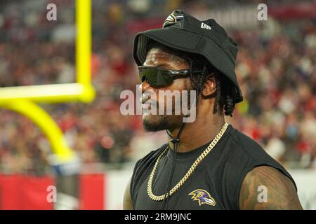 Tampa Bay, Florida, USA, 26. August 2023, Baltimore Ravens Quarterback Lamar Jackson im Raymond James Stadium. (Foto: Marty Jean-Louis/Alamy Live News Stockfoto