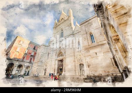 Neapel, Italien. Duomo di Santa Maria Assunta oder Cattedrale di San Gennaro in Neapel. Kathedrale von Neapel. Illustration im Aquarellstil Stockfoto