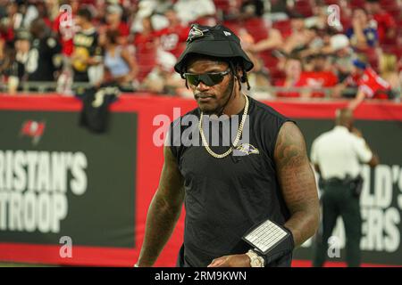 Tampa Bay, Florida, USA, 26. August 2023, Baltimore Ravens Quarterback Lamar Jackson im Raymond James Stadium. (Foto: Marty Jean-Louis/Alamy Live News Stockfoto