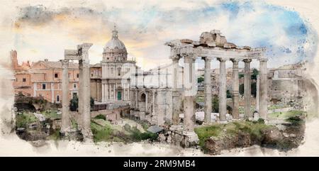 Panoramablick auf die Ruinen des Forum Romanum in Rom, Italien, auch bekannt als Foro di Cesare oder Forum of Caesar. Illustration im Aquarellstil Stockfoto