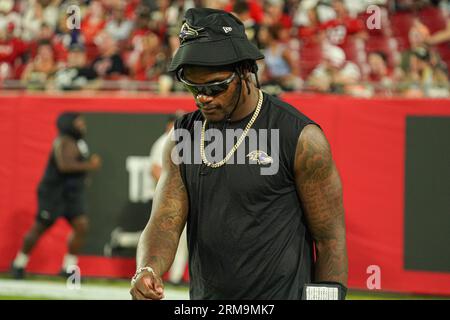 Tampa Bay, Florida, USA, 26. August 2023, Baltimore Ravens Quarterback Lamar Jackson im Raymond James Stadium. (Foto: Marty Jean-Louis/Alamy Live News Stockfoto