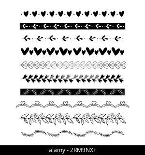 Set Borders Deviders romantische Ornamentbürsten im Doodle-Stil mit Herz, Blättern. Love Vintage dekorative Trennlinie, geometrische gekrümmte Rahmen isoliert auf weißem Hintergrund. Vektorillustration Stock Vektor