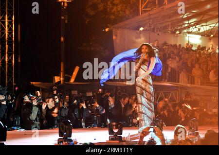 Eurovision Song Contest winner Conchita Wurs performs during the opening ceremony of the 2014 Life Ball on Vienna s City Hall Square, Austria, on May 31, 2014. The annual Life Ball, which is the largest AIDS charity event in Europe, was held here Saturday. (Xinhua/Qian Yi) (zjl) AUSTRIA-VIENNA-LIFE BALL-CHARITY PUBLICATIONxNOTxINxCHN   Eurovision Song Contest Winner Conchita  performs during The Opening Ceremony of The 2014 Life Ball ON Vienna S City Hall Square Austria ON May 31 2014 The Annual Life Ball Which IS The Largest AIDS Charity Event in Europe what Hero Here Saturday XINHUA Qian Yi Stock Photo