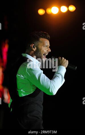 Ricky Martin tritt bei der Eröffnungszeremonie des Life Balls 2014 auf dem Wiener Rathausplatz am 31. Mai 2014 auf. Der jährliche Life Ball, die größte AIDS-Wohltätigkeitsveranstaltung in Europa, fand hier am Samstag statt. (Xinhua/Qian Yi) (zjl) AUSTRIA-VIENNA-LIFE BALL-CHARITY PUBLICATIONxNOTxINxCHN Ricky Martin spielt bei der Eröffnungszeremonie des Life Balls 2014 AUF DEM Wiener Rathausplatz AM 31 2014. Mai den Annual Life Ball, der die größte AIDS-Charity-Veranstaltung in Europa IST What Hero Here Samstag XINHUA Qian Yi Austria Vienna Life Ball Charity PUBLICATIONxNOTxINxCHN Stockfoto