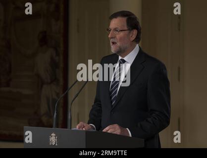 Der spanische Premierminister Mariano Rajoy spricht auf einer Pressekonferenz am 2. Juni 2014 in Madrid. Der spanische Premierminister Mariano Rajoy gab am Montag bekannt, dass König Juan Carlos nach fast 39 Jahren auf dem Thron abdankte. (Xinhua/Daniel)(bxq) SPANIEN-MADRID-KÖNIG-ABDANKUNG PUBLICATIONxNOTxINxCHN der spanische Premierminister Mariano Rajoy spricht AUF einer Pressekonferenz in Madrid Spanien AM 2. Juni 2014 gab der spanische Premierminister Mariano Rajoy AM Montag bekannt, dass Thatcher-König Juan Carlos beschlossen hatte, nach fast 39 Jahren AUF dem Thron XINHUA Daniel Spanien Madrid-König Abdankung P zu kündigen Stockfoto