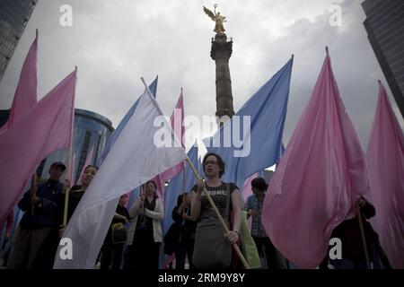 (140606) -- MEXIKO-STADT, 5. Juni 2014 (Xinhua) -- Menschen halten Flaggen während einer Kundgebung in Mexiko-Stadt, Hauptstadt von Mexiko, 5. Juni 2014. Die Bewohner nehmen an einer Kundgebung zum 5. Jahrestag des Brandes in der ABC-Kinderkrippe in Sonora, Mexiko, Teil, bei der 49 Kinder starben. (Xinhua/Alejandro Ayala) (zhf) MEXIKO-MEXIKO-STADT-GESELLSCHAFT-RALLYE PUBLICATIONxNOTxINxCHN Mexiko-Stadt 5. Juni 2014 XINHUA Prominente Halten Fahnen während einer RALLYE in Mexiko-Stadt Hauptstadt von Mexiko 5. Juni 2014 Einwohner nehmen an einer RALLYE Teil, um den 5. Jahrestag des Feuers in der ABC Kinderstube in Sonora Mexiko zu gedenken Stockfoto