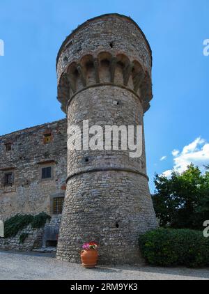 Castello di Meleto, Burg aus dem 11. Jahrhundert, Gaiole in Chianti. Siena, Toskana, Italien, Europa Stockfoto