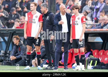 ROTTERDAM, NETHERLANDS - AUGUST 27: Thomas Beelen of Feyenoord Rotterdam, Head Coach Arne Slot of Feyenoord Rotterdam, Leo Sauer of Feyenoord Rotterdam during the Dutch Eredivisie match between Feyenoord Rotterdam and Almere City FC at Stadion Feijenoord de Kuip on August 27, 2023 in Rotterdam, Netherlands. (Photo by /Orange Pictures) Credit: Orange Pics BV/Alamy Live News Stock Photo