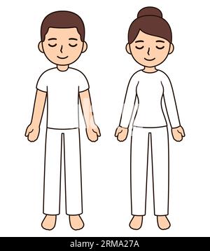 Cute cartoon man and woman in Shavasana, lying meditation. Full body relaxation pose. Simple vector clip art illustration, outline drawing. Stock Vector