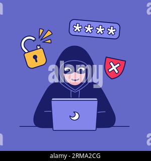 Hacker mit Laptop-Computer stiehlt Passwörter und bricht vertrauliche Daten ein. Illustration von Cyberangriffen und Sicherheitsvektoren. Stock Vektor