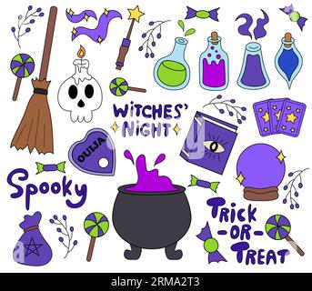 Halloween-Element-Set. Kessel, Giftflaschen, Ouija, Zauberbuch, Tarot, Zauberball, Besenstiel, Schädel, Kerze, Zauberstab Stock Vektor