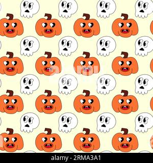 Retro 70er 60er 80er Jahre Hippie Groovy Halloween nahtloses Muster mit Kürbis und Schädel. Vektor-Illustration. Stock Vektor