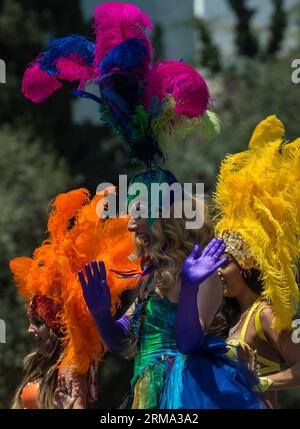 TEL AVIV, June 13, 2014 (Xinhua) -- People perform during the annual gay pride parade in Tel Aviv, Israel, on June 13, 2014. (Xinhua/Li Rui) ISRAEL-TEL AVIV-GAY PRIDE PARADE PUBLICATIONxNOTxINxCHN   Tel Aviv June 13 2014 XINHUA Celebrities perform during The Annual Gay Pride Parade in Tel Aviv Israel ON June 13 2014 XINHUA left Rui Israel Tel Aviv Gay Pride Parade PUBLICATIONxNOTxINxCHN Stock Photo