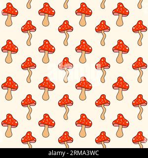 Retro 70er 60er 80er Jahre Hippie Groovy Pilze fliegen agarics nahtloses Muster. Vektorillustration. Hintergrund im Boho-Stil. Stock Vektor