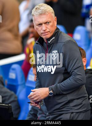 West Ham Manager David Moyes während des Premier League Spiels zwischen Brighton und Hove Albion und West Ham United im American Express Stadium, Brighton, Großbritannien - 26. August 2023 Foto Simon Dack / Telephoto Images nur redaktionell verwendbar. Kein Merchandising. Für Football Images gelten die FA- und Premier League-Einschränkungen, einschließlich keine Nutzung des Internets/Mobilgeräts ohne FAPL-Lizenz. Für weitere Informationen wenden Sie sich bitte an Football Dataco Stockfoto
