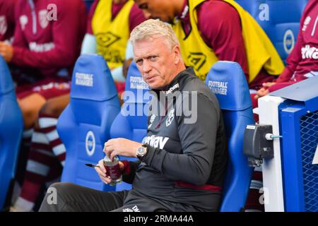 West Ham Manager David Moyes während des Premier League Spiels zwischen Brighton und Hove Albion und West Ham United im American Express Stadium, Brighton, Großbritannien - 26. August 2023 Foto Simon Dack / Telephoto Images nur redaktionell verwendbar. Kein Merchandising. Für Football Images gelten die FA- und Premier League-Einschränkungen, einschließlich keine Nutzung des Internets/Mobilgeräts ohne FAPL-Lizenz. Für weitere Informationen wenden Sie sich bitte an Football Dataco Stockfoto