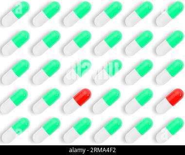 Nahtloses Muster von grünen Pillen auf weißem Hintergrund. Pharmazeutischer Hintergrund. Stockfoto