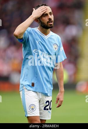 Manchester City's Bernardo Silva reacts during the Premier League match at Bramall Lane, Sheffield. Picture date: Sunday August 27, 2023. Stock Photo