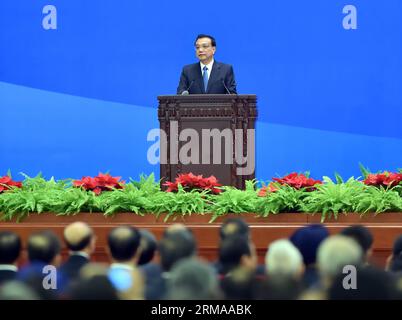 (140628) -- BEIJING, June 28, 2014 (Xinhua) -- Chinese Premier Li Keqiang presides over a conference marking the 60th anniversary of the Five Principles of Peaceful Coexistence at the Great Hall of the People in Beijing, capital of China, June 28, 2014. (Xinhua/Li Tao)(wjq) CHINA-BEIJING-LI KEQIANG-CONFERENCE (CN) PUBLICATIONxNOTxINxCHN   Beijing June 28 2014 XINHUA Chinese Premier left Keqiang Presid Over a Conference marking The 60th Anniversary of The Five Principles of peaceful  AT The Great Hall of The Celebrities in Beijing Capital of China June 28 2014 XINHUA left Tao  China Beijing lef Stock Photo