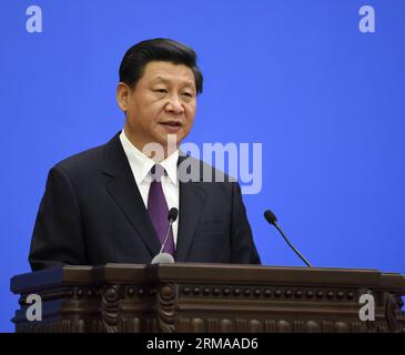 (140628) -- BEIJING, June 28, 2014 (Xinhua) -- Chinese President Xi Jinping delivers a keynote speech at a conference marking the 60th anniversary of the Five Principles of Peaceful Coexistence in the Great Hall of the People in Beijing, capital of China, June 28, 2014. (Xinhua/Li Xueren)(wjq) CHINA-BEIJING-XI JINPING-MEETING (CN) PUBLICATIONxNOTxINxCHN   Beijing June 28 2014 XINHUA Chinese President Xi Jinping delivers a keynote Speech AT a Conference marking The 60th Anniversary of The Five Principles of peaceful  in The Great Hall of The Celebrities in Beijing Capital of China June 28 2014 Stock Photo