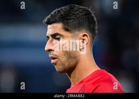 Paris, Frankreich. 26. August 2023. Marco Asensio von PSG während des Ligue 1 Uber Eats Matches zwischen Paris Saint-Germain und RC Lens spielte am 26. August im Parc des Princes Stadium in Paris. (Foto: Matthieu Mirville/PRESSINPHOTO) Credit: PRESSINPHOTO SPORTS AGENCY/Alamy Live News Stockfoto