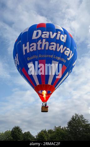 Ein Heißluftballon, der im Rahmen des Strahaven Balloon Festivals 2023 in Strathaven, Schottland, über Bäume fliegt. Stockfoto
