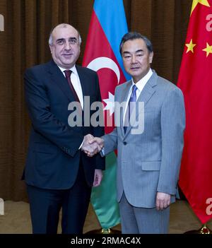 (140701) -- BEIJING, July 1, 2014 (Xinhua) -- Chinese Foreign Minister Wang Yi (R) meets with Azerbaijan s Foreign Minister Elmar Mammadyarov in Beijing, capital of China, July 1, 2014. (Xinhua/Wang Ye) (zkr) CHINA-WANG YI-AZERBAIJAN-MAMMADYAROV-MEETING(CN) PUBLICATIONxNOTxINxCHN   Beijing July 1 2014 XINHUA Chinese Foreign Ministers Wang Yi r Meets With Azerbaijan S Foreign Ministers Elmar  in Beijing Capital of China July 1 2014 XINHUA Wang Ye CCR China Wang Yi Azerbaijan  Meeting CN PUBLICATIONxNOTxINxCHN Stock Photo