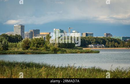 Skyline von Amsterdam Zuidoost vom See Ouderkerkerplas aus gesehen Stockfoto