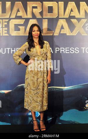 (140710) -- SINGAPUR, 10. Juli 2014 (Xinhua) -- Schauspielerin Zoe Saldana Gesten während einer Pressekonferenz des amerikanischen Films Guardians of the Galaxy, die am 10. Juli 2014 im Rahmen der Casting Memers South East Asia Media Tour in der Marina Bay Sands Expo in Singapur stattfand. (Xinhua/Dann Chih Wey) SINGAPORE-MOVIE-GUARDIANS OF THE GALAXY-PRESS CONFERENCE PUBLICATIONxNOTxINxCHN Singapur 10. Juli 2014 XINHUA-Schauspielerin Zoe Saldana Gesten während einer Pressekonferenz der American Movie Guardians of the Galaxy Hero in Singapur S Marina Bay Sands EXPO AM 10. Juli 2014 als Teil der Cast Memers South East Asia Stockfoto