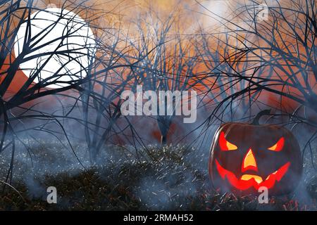 Halloween. Große Kürbis-Jack-o'-Laterne auf dem Hintergrund eines nebligen dunklen Waldes. 3D-Rendering Stockfoto