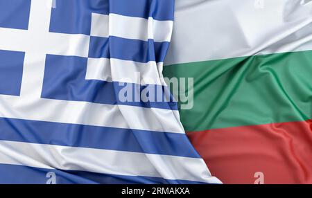 Raffung der Flaggen Griechenlands und Bulgariens. 3D-Rendering Stockfoto